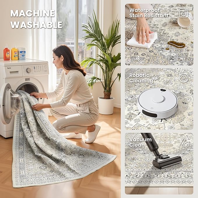 zesthome 8x12 Area Rugs,Stain Resistant Washable Rug,Ultra-Thin Rugs for Living Room,Bedroom,Non-Slip Backing Home Decor Large Area Rug (Beige,8'x12')