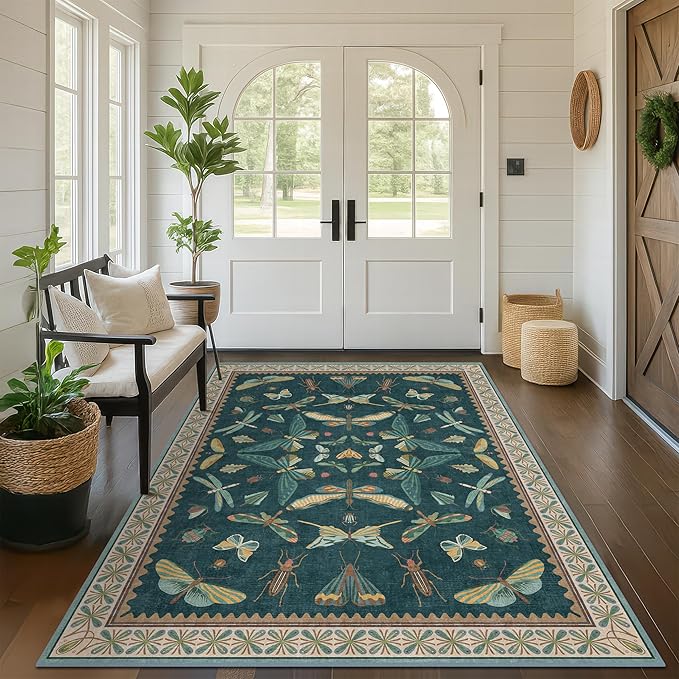 Hazo Haus Insect Teal Green 5x7 Area Rug for Living Room - Cottage Core Rug for Bedroom, Dining Room, Kids Playroom, Home Office, Floral Vintage Whimsical Butterfly Washable Non Slip Floor Décor