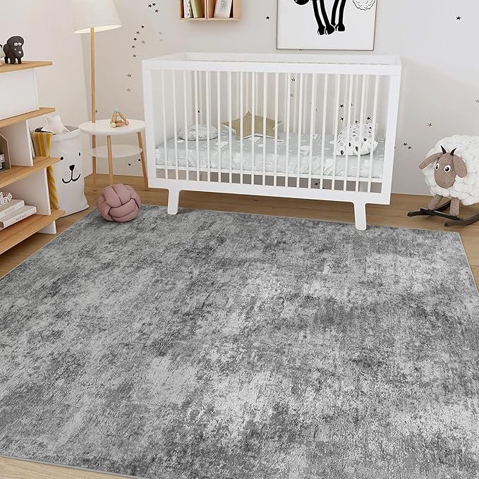 Nakagishi 9x12 Area Rugs Living Room: Washable Abstract Large Neutral Soft Rug Stain Resistant Modern Indoor Floor Non-Slip Carpet for Bedroom Nursery Kids Playroom Office Dining Room Dorm- Grey