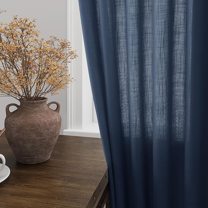 Denim Blue Linen Curtains for Living Room 63 Inches Long 2 Panel Set Light Filtering Linen Drapes for Kitchen Windows Rod Pocket Back Tab Short See Through Curtain Country Farmhouse Decor 52x63