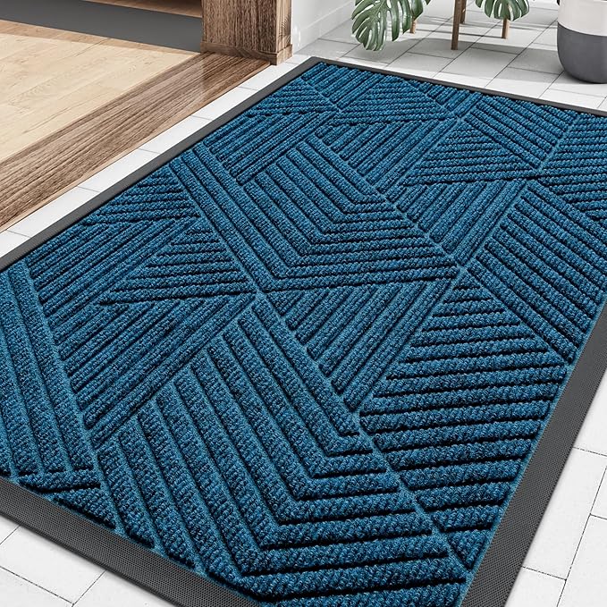 Smiry Front Door Mat Outside Entrance, Heavy Duty Sturdy Natural Rubber Doormat, Trap Dirt and Moisture, Easy Clean Low Profile Mats for Indoor Outdoor Entry, Irregular Triangle (29.5x17, Mixed Blue)