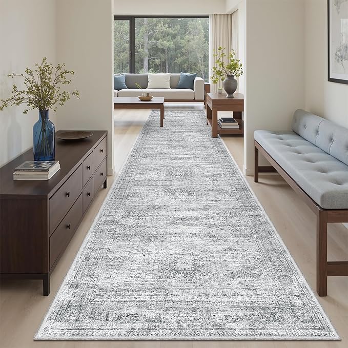 Runner Rug 3x12 Washable Non-Slip Hallway Runner Rugs for Kitchen Bathroom Laundry Room Grey Vintage Floor Carpet Runners for Hallways Entryway