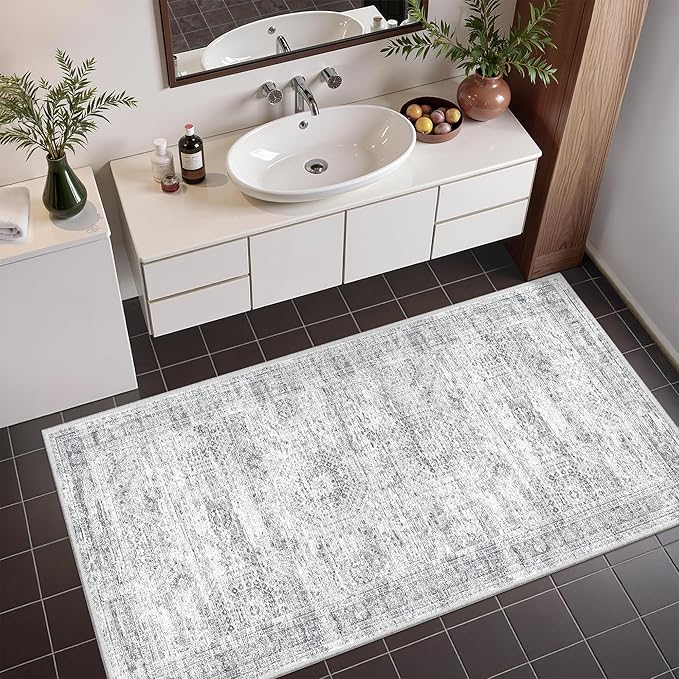2x4 Washable Rug Runner for Bathroom, Soft Entryway Rug for Laundry Room, Kitchen, Vintage Abstract Hallway Runner for Bedroom, Anti-Slip Door Mat Indoor Entrance(2'x4', Grey/Ivory)