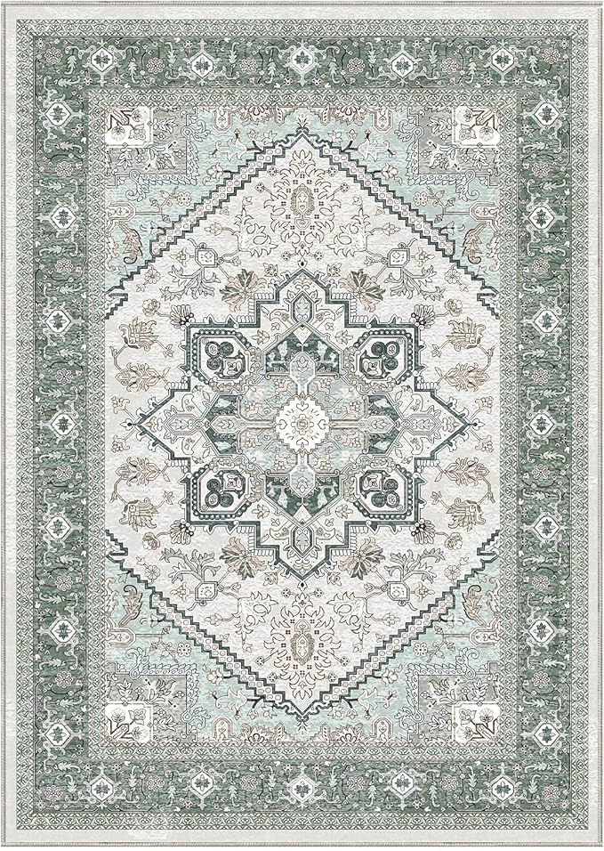 OPPODREAM Soft 10x14 Area Rugs, Washable Rugs 10x14 with Non Slip Backing, Low-Pile Faux Cashmere 10 x 14 Carpet, Green