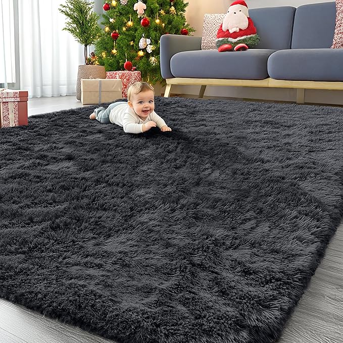 OLANLY 8x12 Machine Washable Large Area Rugs for Living Room, Bedroom, Soft Fluffy Shaggy Bedside Rug, Indoor Floor Carpet for Kids Girls and Boys, Dorms, Nursery, Home Decor Aesthetic, Black