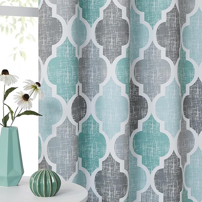 Beauoop 100% Blackout Curtains 63 Inches Long 2 Panels for Bedroom Living Room Aqua Grey Moroccan Geo Room Darkening Thermal Insulated Soundproof Rod Pocket Back Tab Window Treatments Drapes, 50x63