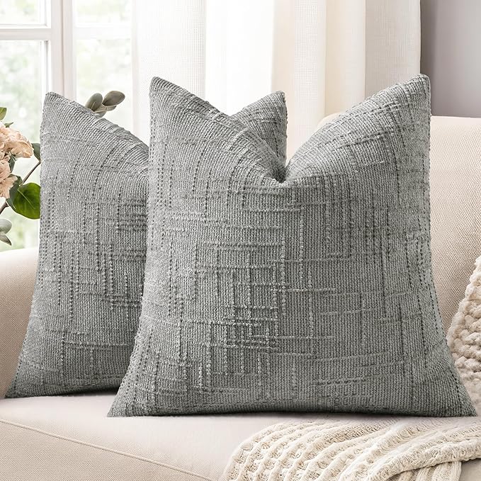 decorUhome Neutral Grey Chenille Throw Pillow Covers 16x16 Set of 2 Textured Soft Cozy Slubby Couch Pillow Covers Modern Farmhouse Boho Decorative Pillow Cases for Bed Sofa Living Room