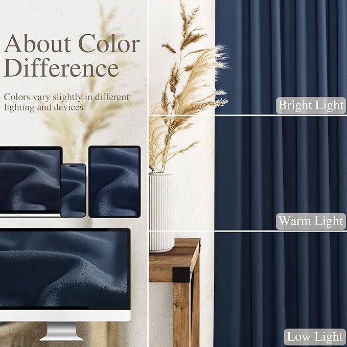 Nanspring Denim Blue Linen Curtains 90 Inch Long 2 Panels Set for Bedroom Living Room Denim Blue Linen Textured Window Drapes Semi Sheer Light Filtering Rod Pocket Back Tab Farmhouse Curtain 52x90