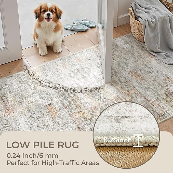 Rug Runners for Hallways Non Slip - 2x8 Runner Rug for Bedroom, Washable Runner with Rubber Backing, Soft Low-Pile Carpet for Kitchen, Laundry, Bathroom (2'x8', Grey/Rust)