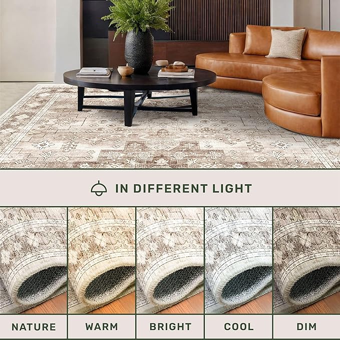 Boho 2x8 Long Runner Rugs for Hallway, Neutral Farmhouse Non Slip Runner for Kitchen, Entryway, Vintage Floral Decor Low-Pile Washable Stain Resistant Beige Latte Rug