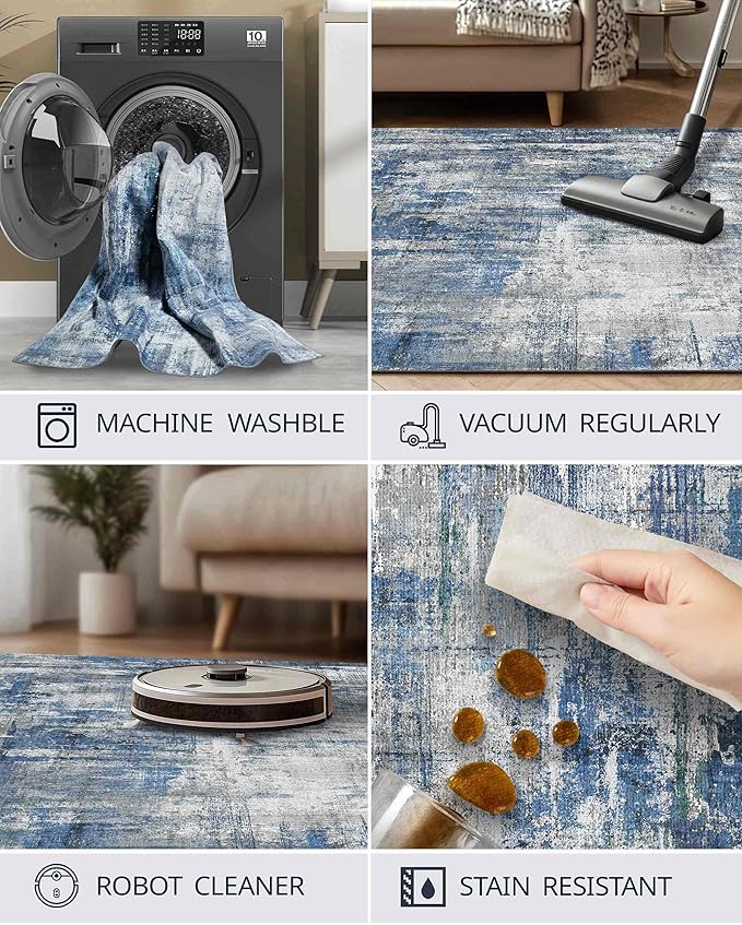 Latte&Fog 6x9 Area Rugs for Living Room Bedroom, Blue Modern Abstract Neutral Washable Rug, Boho Non Slip Low Pile Carpet for Dining Room, Dorm,College Dorm and Farmhouse -Blue Grey