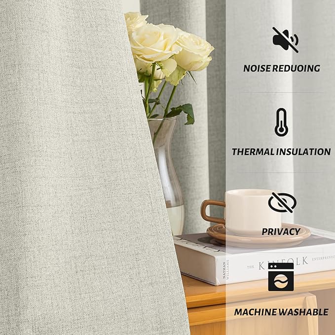 Yakamok Cream Linen Curtains 100% Blackout 84 Inches Long,Room Darkening Textured Drapes for Living Room Thermal Grommet Bedroom Curtains 2 Panels with Greyish White Liner