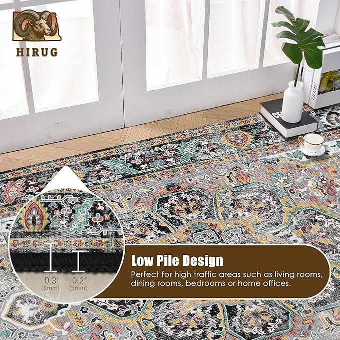 Washable Area Rug 5' x 7' Vintage Traditional Persian Mat - Foldable Distressed Non-Slip Machine Washable Carpet for Living Room Bedroom Kitchen Home Decor - Slate and Multicolor