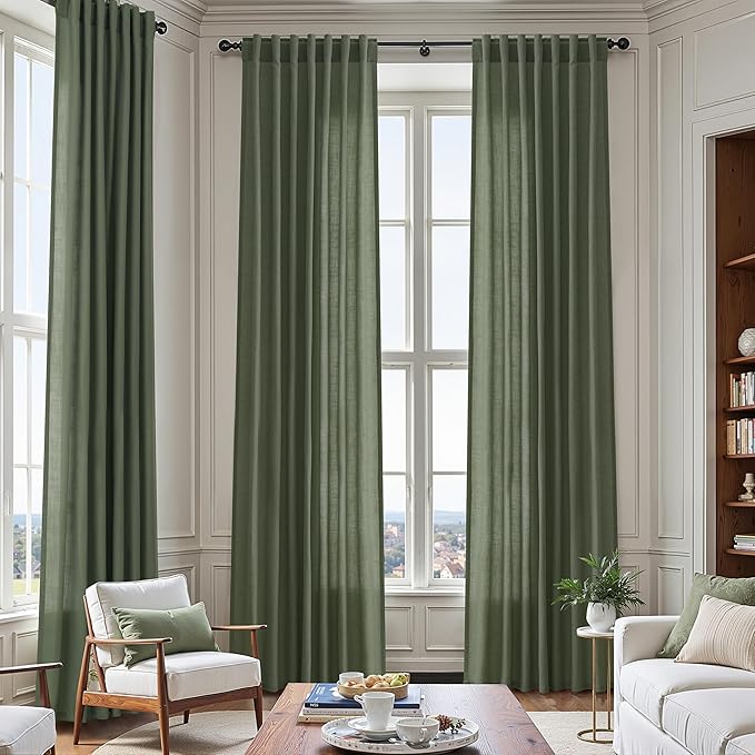 Nanspring Olive Green Linen Sheer Back Tab Curtains 45 Inch Length Semi Sheer Light Filtering Short Curtain Country Style Small Window Drapes for Bathroom/Kitchen/Kids Room 2Panels 40x45