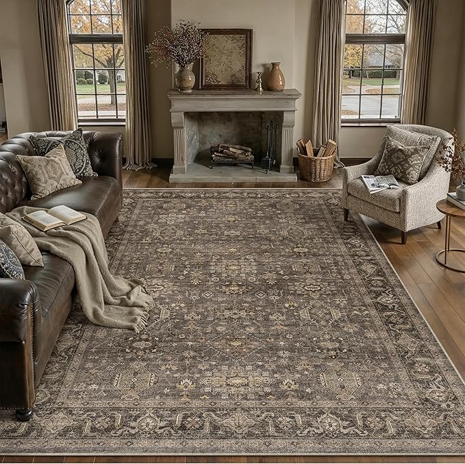 10x14 Washable Area Rug for Living Room Bedroom Vintage Brown Non Slip Carpet Traditional Retro Soft Low Pile Large Throw Rug for Dining Room Kitchen Office Indoor