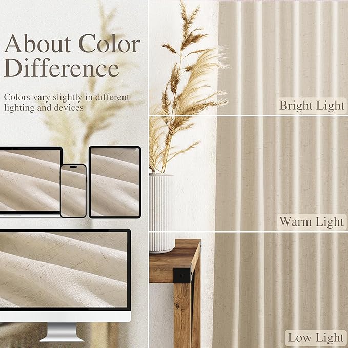 Linen Curtains for Living Room 90 Inches Long Modern Farmhouse Decor Light Filtering Semi Sheer Curtain Back Tab Neutral Luxury Rustic Burlap Coastal Drapes for Bedroom Office 52x90, 2 Panels