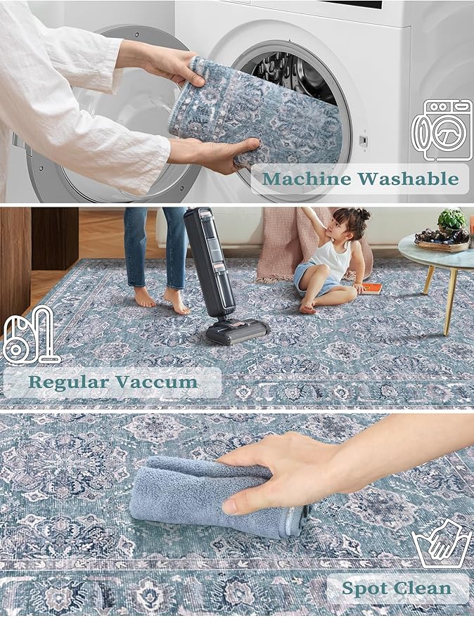 SERISSA Boho Washable Runner Rug, 2'6"x10' Long Non-Slip Vintage Floral Hallway Kitchen Stair Runner Rug Ultra Soft Print Distressed Blue Grey Floor Carpet for Bathroom Laundry Room