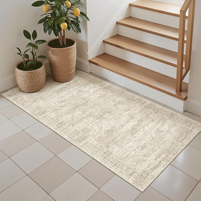 2x4 Washable Rugs for Kitchen, Floor, Entryway, Powder Room Small Area Rug Non-Slip Vintage Low Pile Throw Door Mat Beige