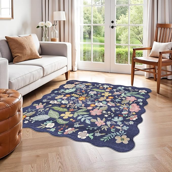 Floral Square Area Rug for Family: Washable 5x5 Scalloped Carpet for Living Room Bedroom Soft Water Resistant Floor Mat with Non Slip Backing for Kitchen Nursery Dorms Farmhouse Home Decor(5x5,Purple)