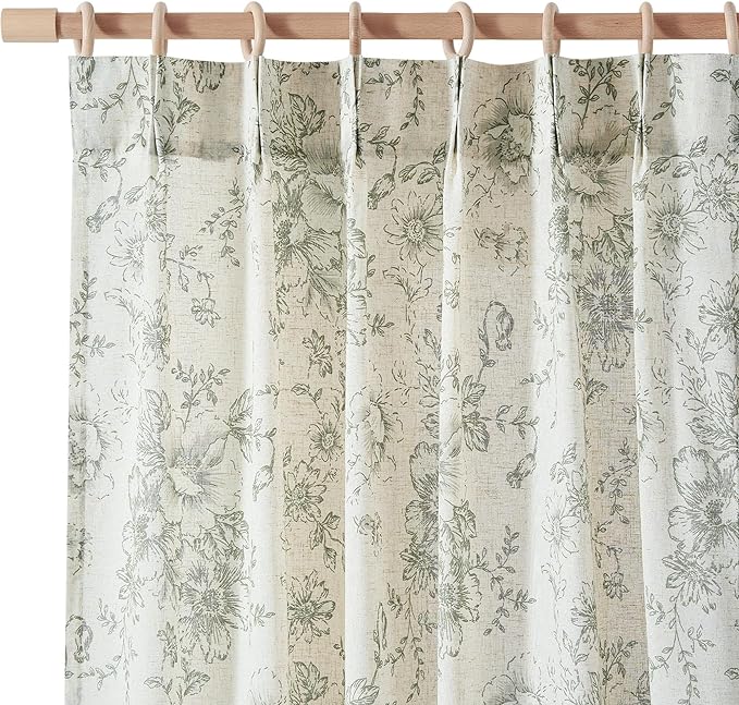 jinchan Pinch Pleated Curtains Floral Linen Blend Curtains for Living Room 96 Inches Length Green Peony Flower Printed Curtain Rod Pocket Back Tab Farmhouse Drapes with Hooks Set 2 Panels