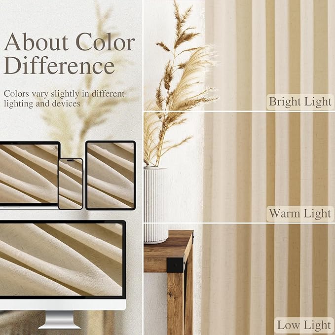 Nanspring Tan Linen Curtains 63 Inches Long for Bedroom Back Tab Light Filtering Privacy Sheer Curtain Modern Farmhouse Coastal Decor Tan Cotton Textured Gauze Drapes for Bathroom 2 Panel Set