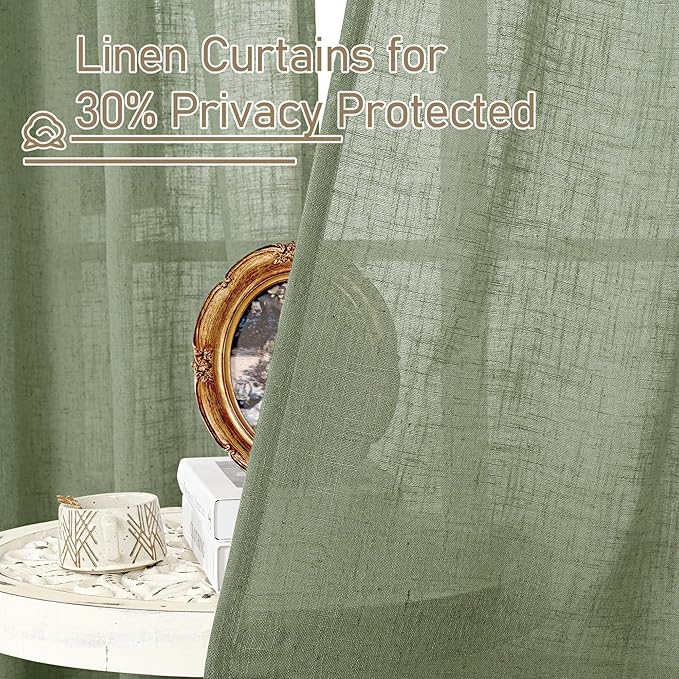 LAMIT Sage Green Linen Curtains 90 Inch for Living Room, Back Tab and Rod Pocket Linen Textured Curtains Light Filtering Drapes for Bedroom/Dining Room, Set of 2, 52 x 90 Inch