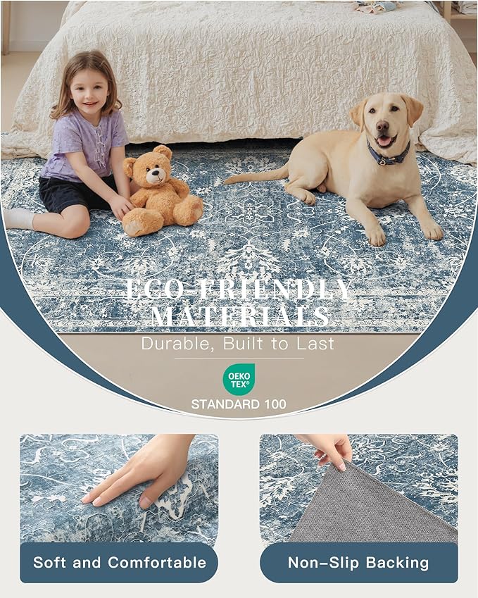 Madane 5x7 Area Rugs for Living Room, Washable Vintage Rug with Non-Slip Backing, Soft Floral Print Throw Rugs Floor Low Pile Carpet for Bedroom Dining Room Farmhouse (5 x 7, Cadet Blue)
