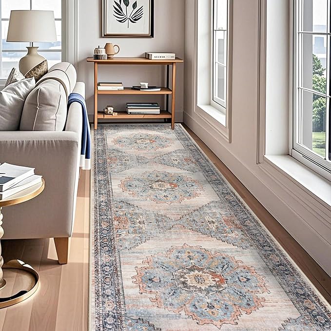 TOPRUUG Washable Runner Rug 4x10 - Hallway Runner Rug Kitchen Rugs and Mats Non Skid Washable Waterproof Carpet Runner for Living Room Bedroom Bathroom (Blue, 4X10)
