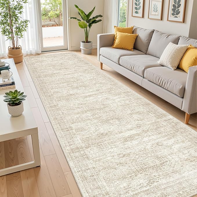 Kitchen Runner Rugs Non Skid Washable - 2.5 x 10 Runner Rug with Anti Slip Backing, Ultra-Thin Soft Rug Runner for Hallway, Bedroom, Living Room (2.5'x10', Beige/Ivory)