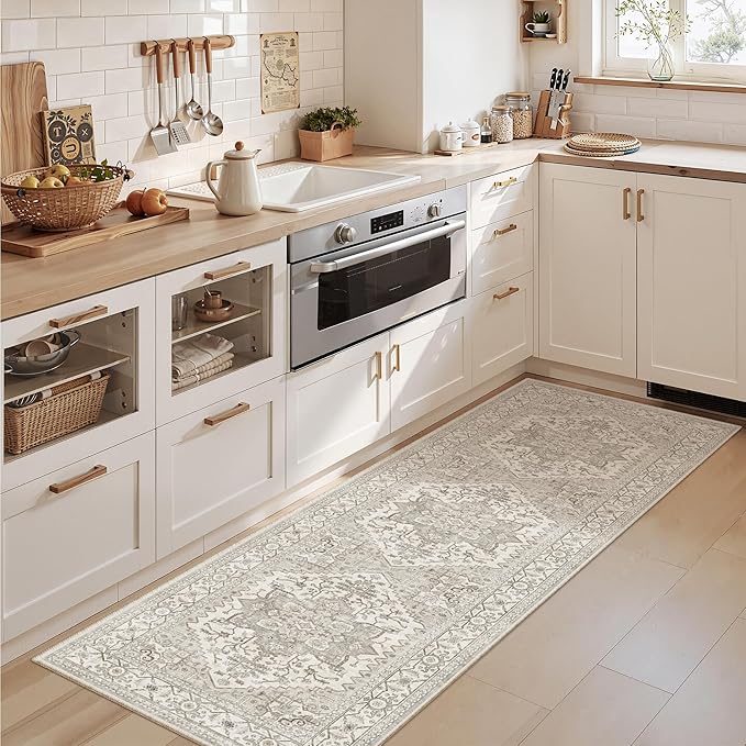 Madane Washable Runner Rug - 2x6 Rug Runners for Hallways 6 Foot Non Slip Vintage Kitchen Runner Rug Ultra-Thin Bathroom Runner Rugs Carpet Laundry Room Bedroom (2x6ft, Beige/Brown)
