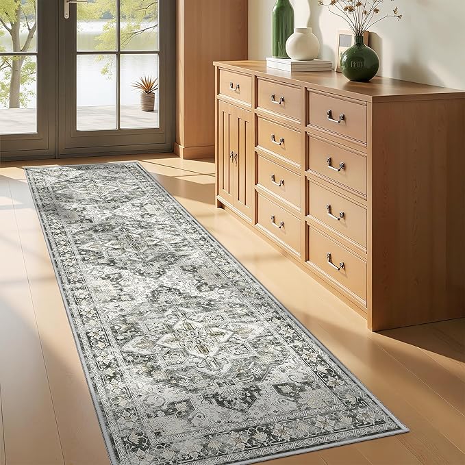 Kitchen Runner Rug Non Slip Washable 2.5x8, Soft Low Pile Entryway Rug Runners for Hallways,Carpet Runner for Living Room,Kitchen, Laundry, Bathroom(Grey/Beige,2.5'x8')