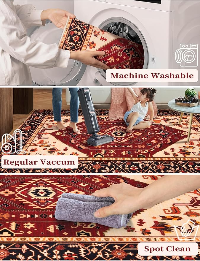 SERISSA Boho Washable Runner Rug, 2x5 Rug Runner Non-Slip Vintage Red Black Hallway Kitchen Runner Rug Ultra Soft Print Distressed Floor Carpet Runner for Bedroom Bathroom Laundry Living Room