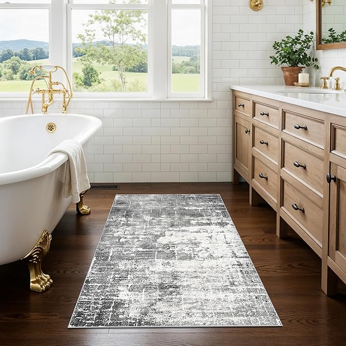 Washable 2x3 Entryway Area Rugs: Abstract Water Resistant Kitchen Rug Non-Slip Durable Doormat for High-Traffic Area Soft Bedroom Beside Carpet Indoor Low Pile Floor Mat for Families(2x3,Black/Grey)