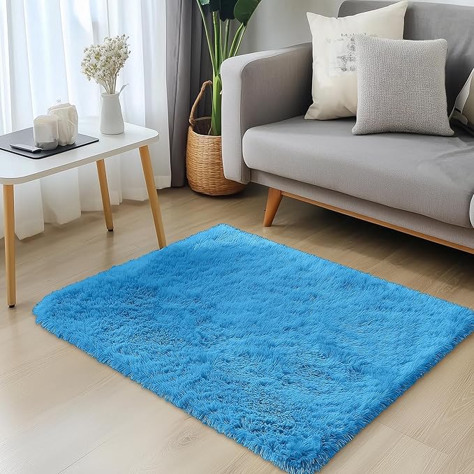 OLANLY 2x3 Machine Washable Small Bedside Rug, Soft Fluffy Shaggy Entryway Throw Rugs for Bedroom, Living Room, Indoor Floor Carpet for Kids Girls and Boys, Home Decor Aesthetic, Bright Blue