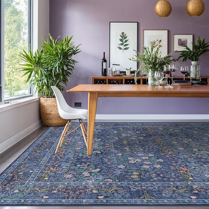 Hazo Haus Boho 8x12 Washable Dark Blue Rug for Living Room - Large Area Rug for Dining Room Under Table, Bedroom Under Bed, Vintage Floral Design, Low Pile & Soft Indoor Décor