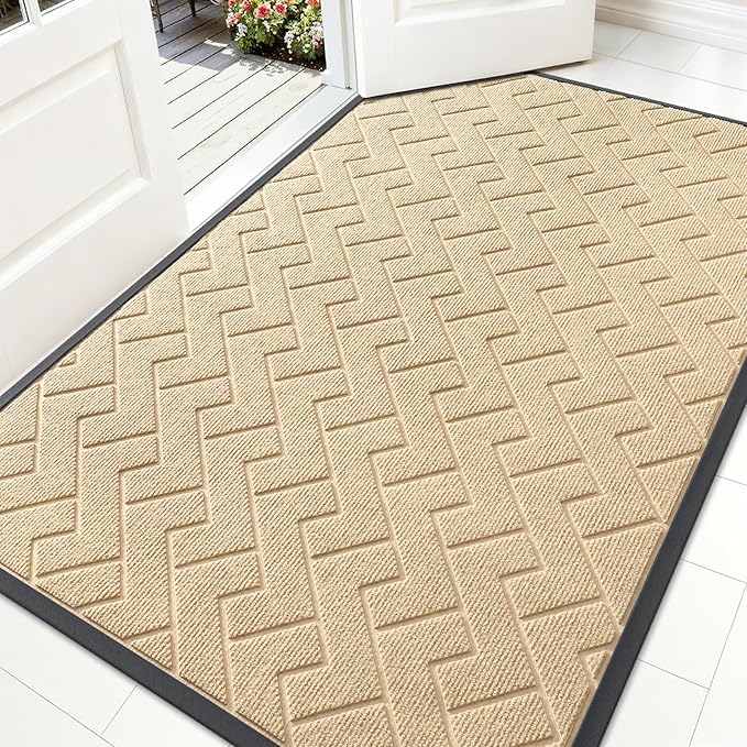 OLANLY Front Door Mat Indoor Outdoor Entrance, Waterproof All-Season, All-Weather Doormat, Sturdy Natural Rubber, Low Profile, Easy Clean Patio Porch Entryway Mat, Herringbone Brick (Beige, 59x35)