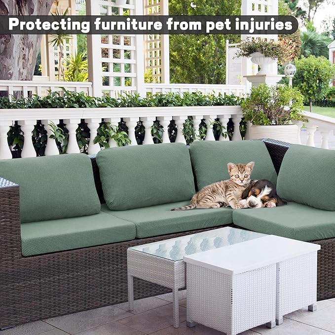 8Pcs Outdoor Cushion Covers, Patio Cushion Covers,Stretch Elastic Slipcovers, Replacement Washable Furniture Protector for Patio Couch,Thick Jacquard Fabric(Matcha Green, Cover Only)