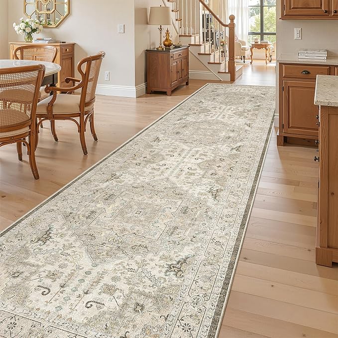 Madane 3x12 Hallway Runner Rug - Non Slip Washable 12ft Runner for Hallways Soft Vintage Kitchen Rugs Low-Pile Carpet Runner for Entryway Bathroom Thin Floor Mat for Bedroom Dining Room, Ivory/Brown