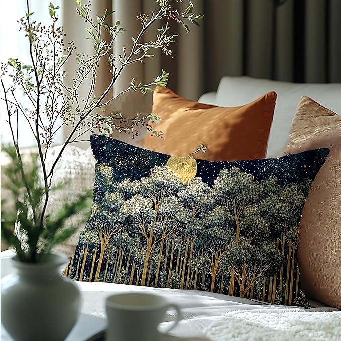 Rustic William Morris Night Forest Green Moon Decor Pillow Covers 12x20,Vintage Botanical Nature Landscape Decorative Throw Pillow Covers for Home Bedroom Living Room