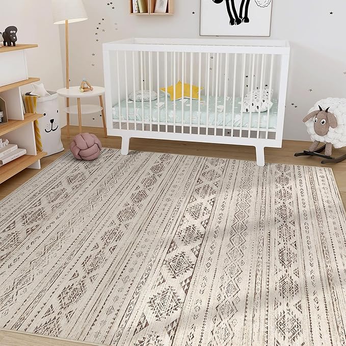 Nakagishi 8x10 Area Rugs Living Room: Washable Boho Large Neutral Soft Farmhouse Rug Stain Resistant Modern Moroccan Non-Slip Indoor Carpet for Bedroom Nursery Kids Office Dining Room- Dark Brown