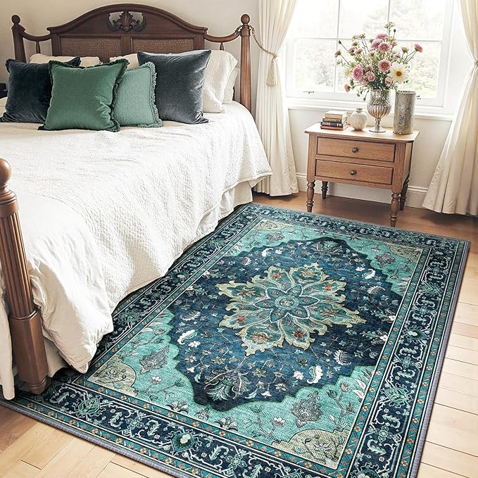 Area Rugs 5'x7' Washable Non-Slip, Floral Vintage Distress Print Pattern Medallion Carpet for Living Room Bedroom Dining Room, Teal Green Lake Blue Turquoise