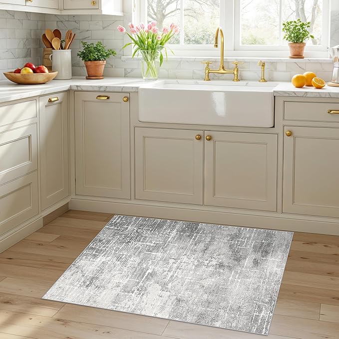 Abstract 2x3 Entryway Area Rugs: Washable Water Resistant Kitchen Rug Non-Slip Durable Doormat Ultra Soft Bedroom Beside Carpet Indoor Low Pile Floor Mat for Bathroom Stove Sink Area(2x3,Light/Grey)