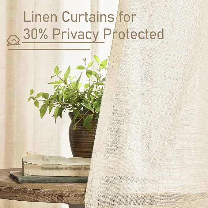 LAMIT Semi Sheer Beige Linen Curtains 72 inch Length, Light Filtering Panels Back Tab and Rod Pocket Neutral Drapes for Bedroom/Living Room, Beige, 2 Panels, 34 x 72 Inch