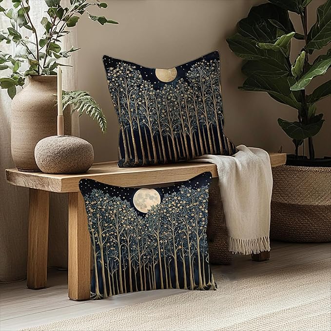 Rustic William Morris Night Moon Forest Green Decor Pillow Covers 18x18 Set of 2,Vintage Botanical Nature Landscape Decorative Throw Pillow Covers for Home Bedroom Living Room