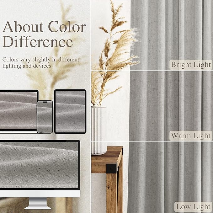 Nanspring Light Gray Linen Curtains 63 Inch Length for Living Room Back Tab and Rod Pocket Semi Sheer Curtain Simple Modern Coastal Room Decor Light Filtering Grey Drapes for Bedroom 52x63, 2 Panels