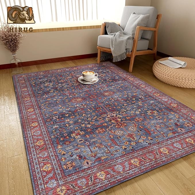 Washable Area Rug 5' x 7' Vintage Traditional Persian Mat - Foldable Distressed Non-Slip Machine Washable Carpet for Living Room Bedroom Kitchen Home Decor - Indigo and Crimson