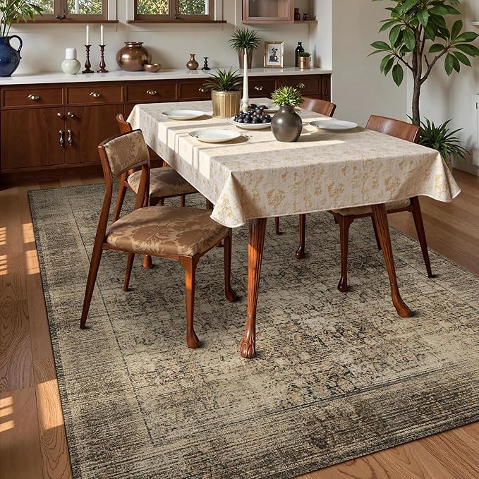 Washable Area Rug 4' x 6' Vintage Traditional Persian Mat - Foldable Distressed Non-Slip Machine Washable Carpet for Living Room Bedroom Kitchen Home Decor - Mocha and Taupe