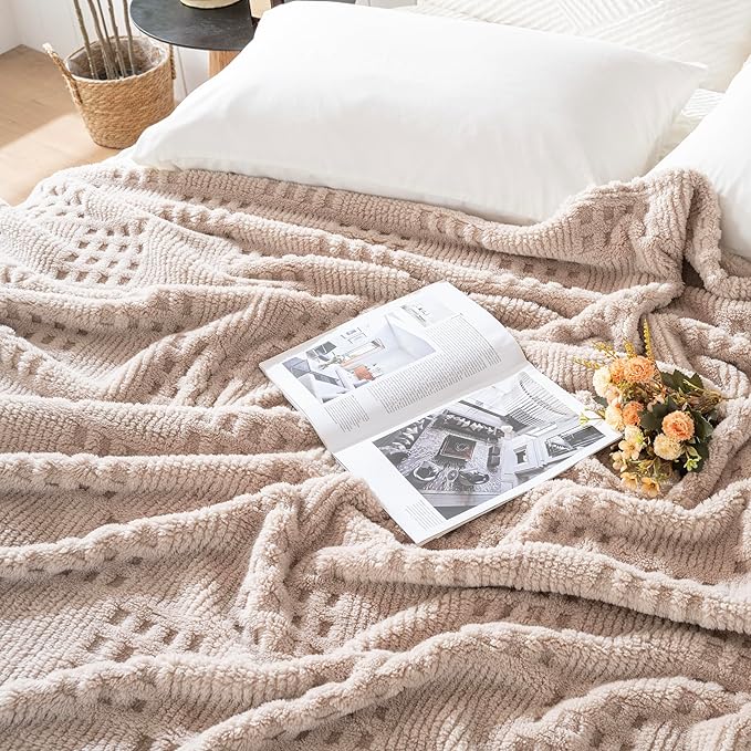 60x80 Inch Waffle Brown Twin Blanket -Fluffy Fleece, Neutral Tan Color, Cute & Aesthetic, Perfect for Sofa, Couch, Chair, Bed, Living Room & Bedroom, All-Season Use, Plush & Cozy Decorative Blanket