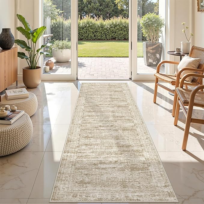Rug Runners for Hallways Non Slip - 2x8 Runner Rug for Bedroom, Washable Runner with Rubber Backing, Soft Low-Pile Carpet for Kitchen, Laundry, Bathroom (2'x8', Brown/Ivory)