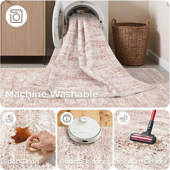 Long Bathroom Rugs Runner - Washable Runner Rugs for Hallway 2x10, Ultra-Thin Soft Kitchen Carpet Runner, Anti Slip Backing Runner Rugs for Entrance, Bedroom, Living Room(2'x10', Pink/Ivory)